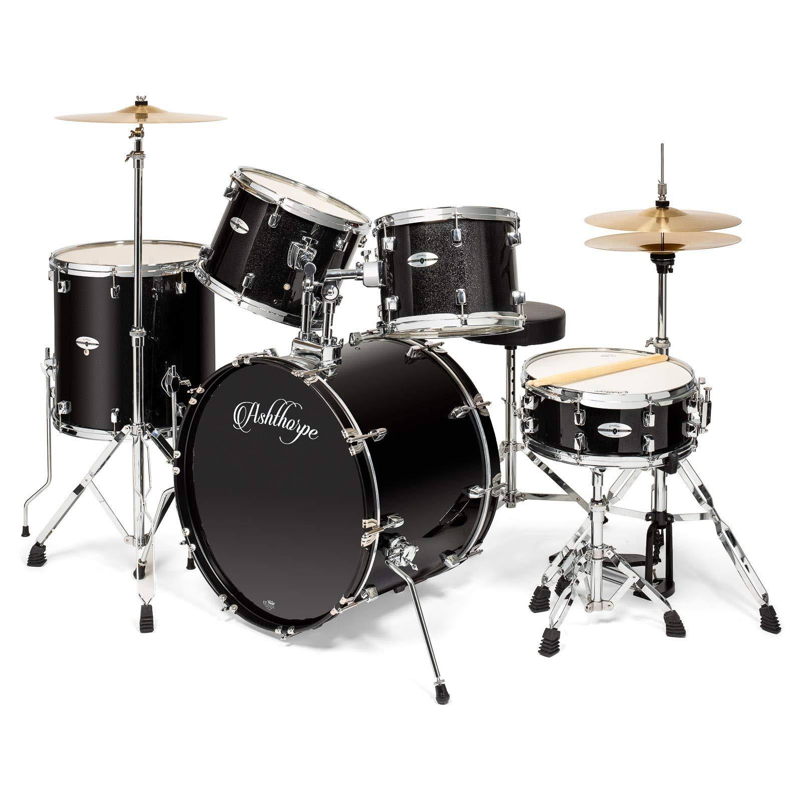 Ashthorpe 5-Piece Full Size Adult Drum Set with Remo Heads &amp; Premium Brass Cymbals - Complete Professional Percussion Kit Chrome Hardware Black - Megean