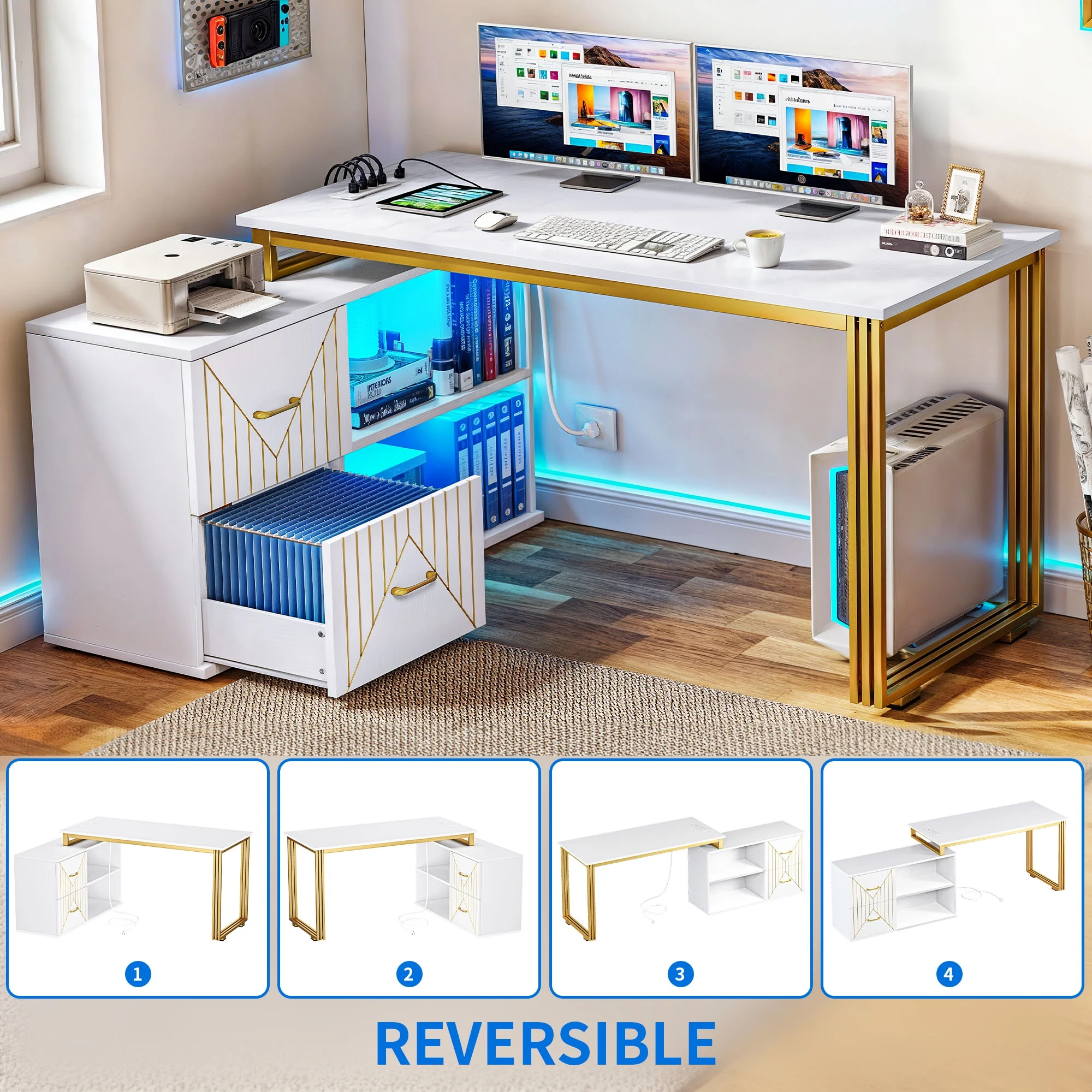Dextrus L Shaped Desk with LED Light & Power Outlets, 55 Inch Reversible Corner Desk with Drawers & Storage Shelves, Computer Desk Office Desk Writing Desk for Home Office, White