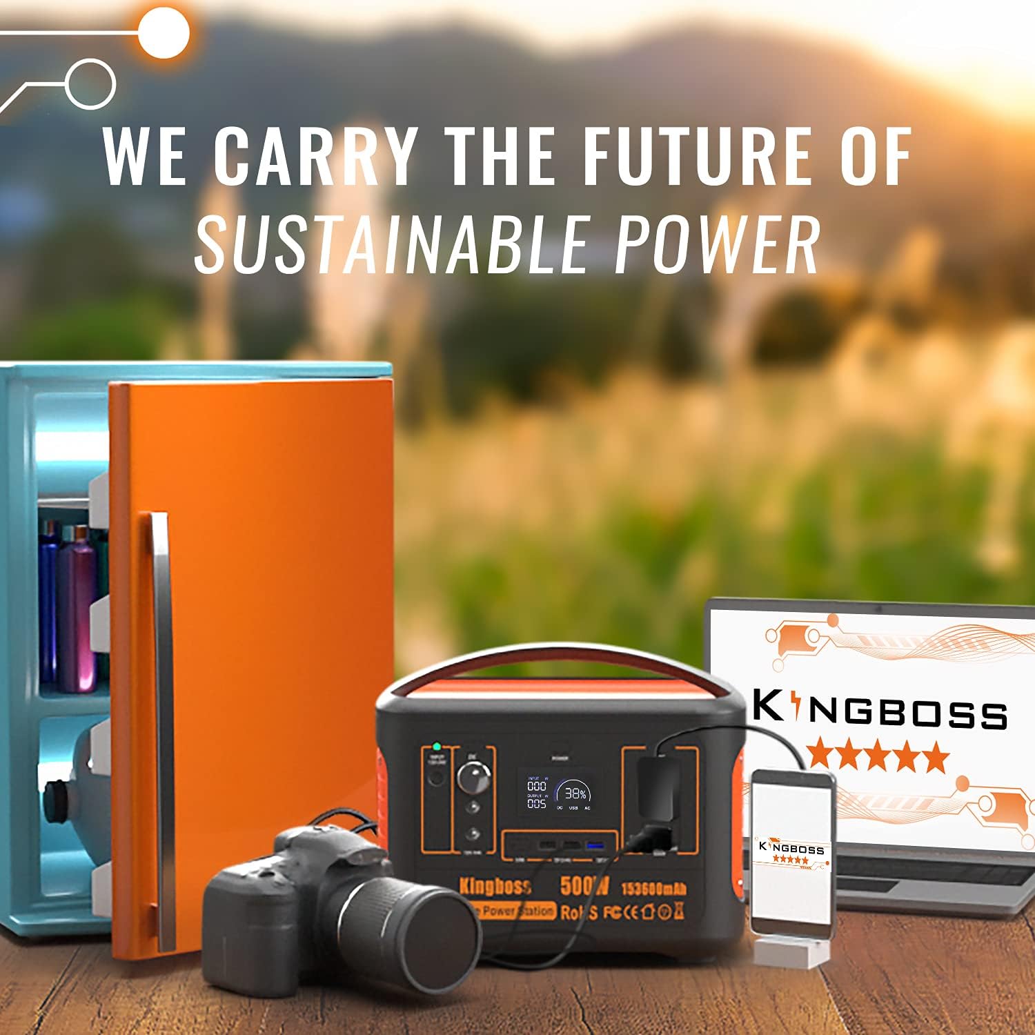 Portable Power Station 500W Kingboss, 568WH 153600mAh Outdoor Solar Generator Backup Lithium Battery with 110V/500W (Peak 1000W) AC Outlet, 2* DC, Carport, 2*USB-C, QC USB 3.0 for Camping, Powerbank