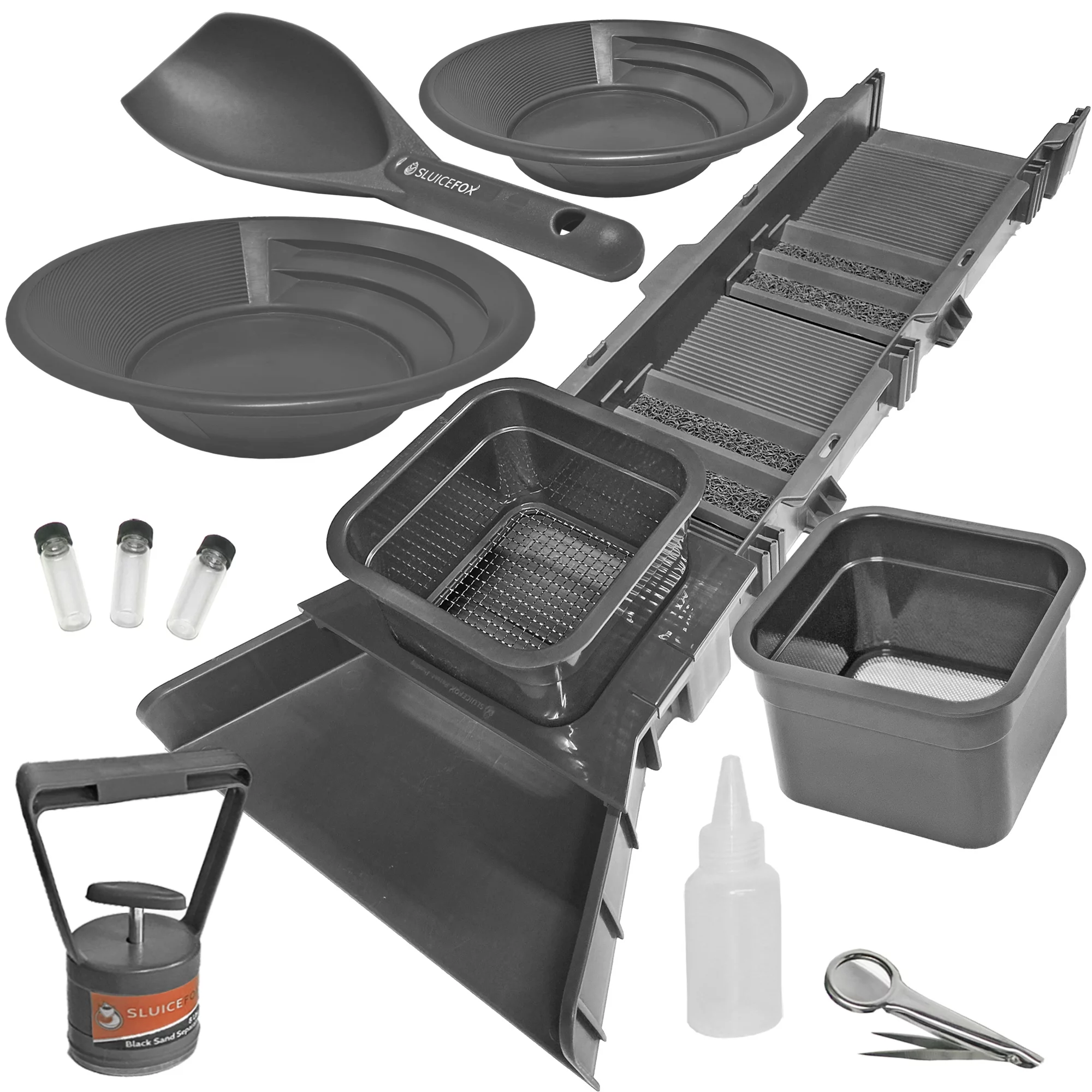 Sluice Fox 31 inch Sluice Box Compact Gold Panning Kit; portable sluice box and 2 classifier sifting pans; classify while you sluice with this patented prospecting tool set (Black) - Curated Treasures Market