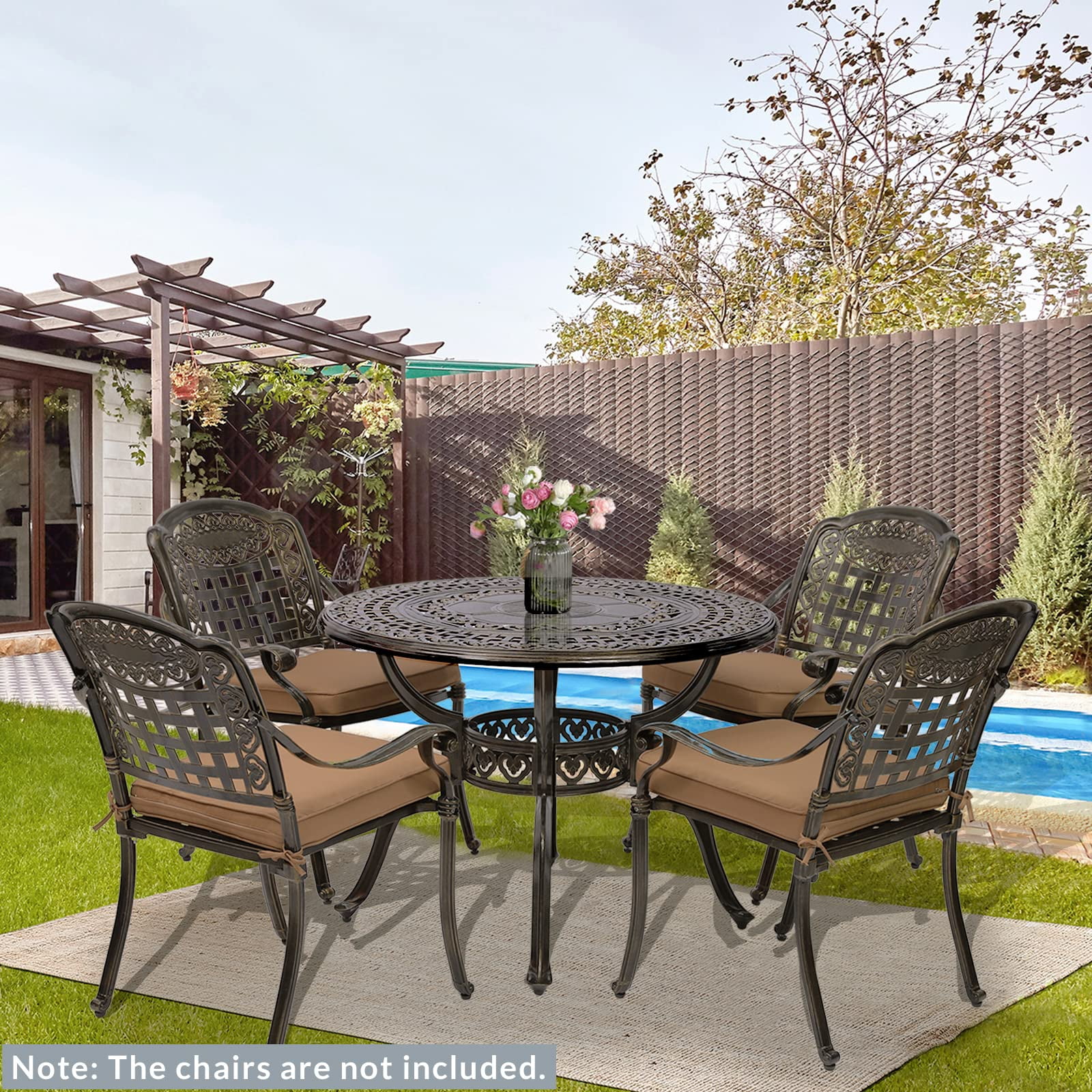 MEETWARM 38.5" Round Patio Dinning Table, Outdoor Cast Aluminum Dinning Table with 2" Umbrella Hole, Dark Bronze