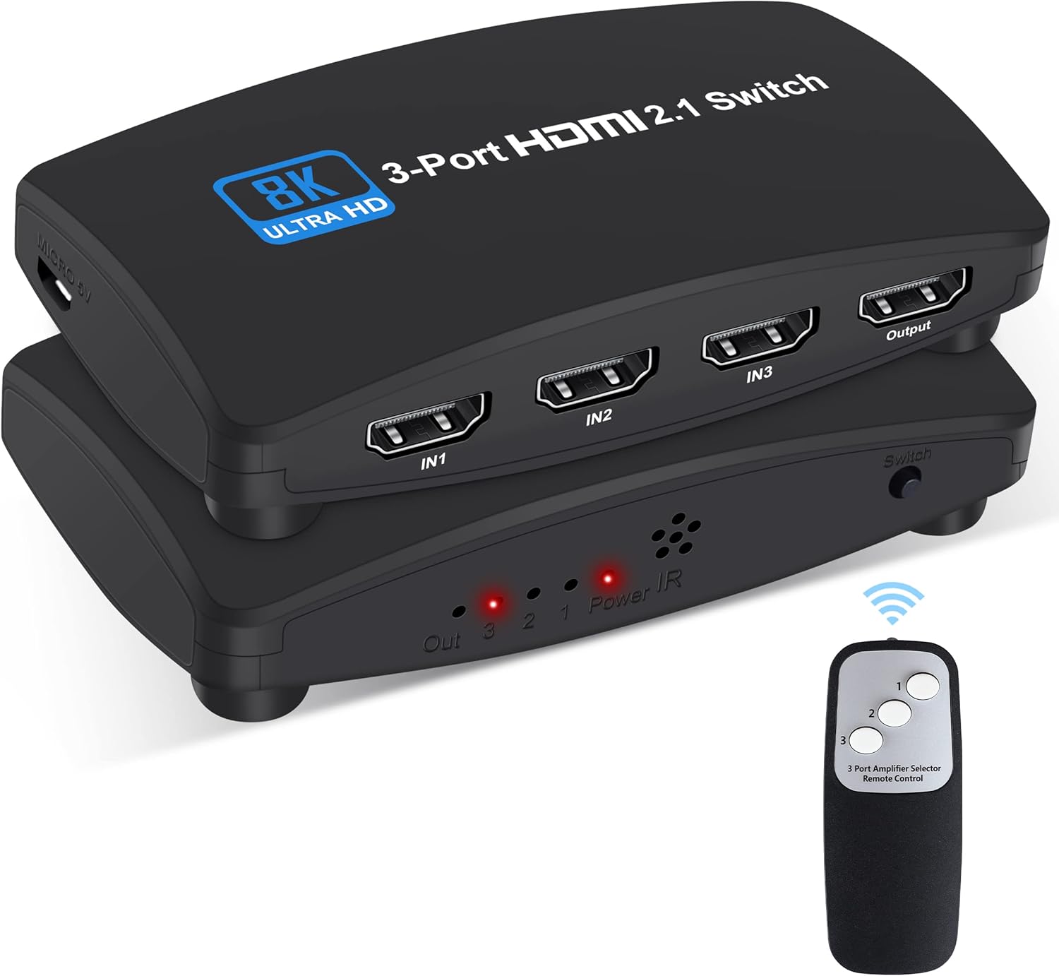8K@60Hz HDMI 2.1 Switch, HDMI Switch 3 in 1 Out, 3-Port HDMI Switcher Selector, Supports 4K@120Hz, 1080P@240Hz, 1080P@120Hz for Fire Stick, HDTV, PS4/5, Game Consoles with Remote Control Pack of 2