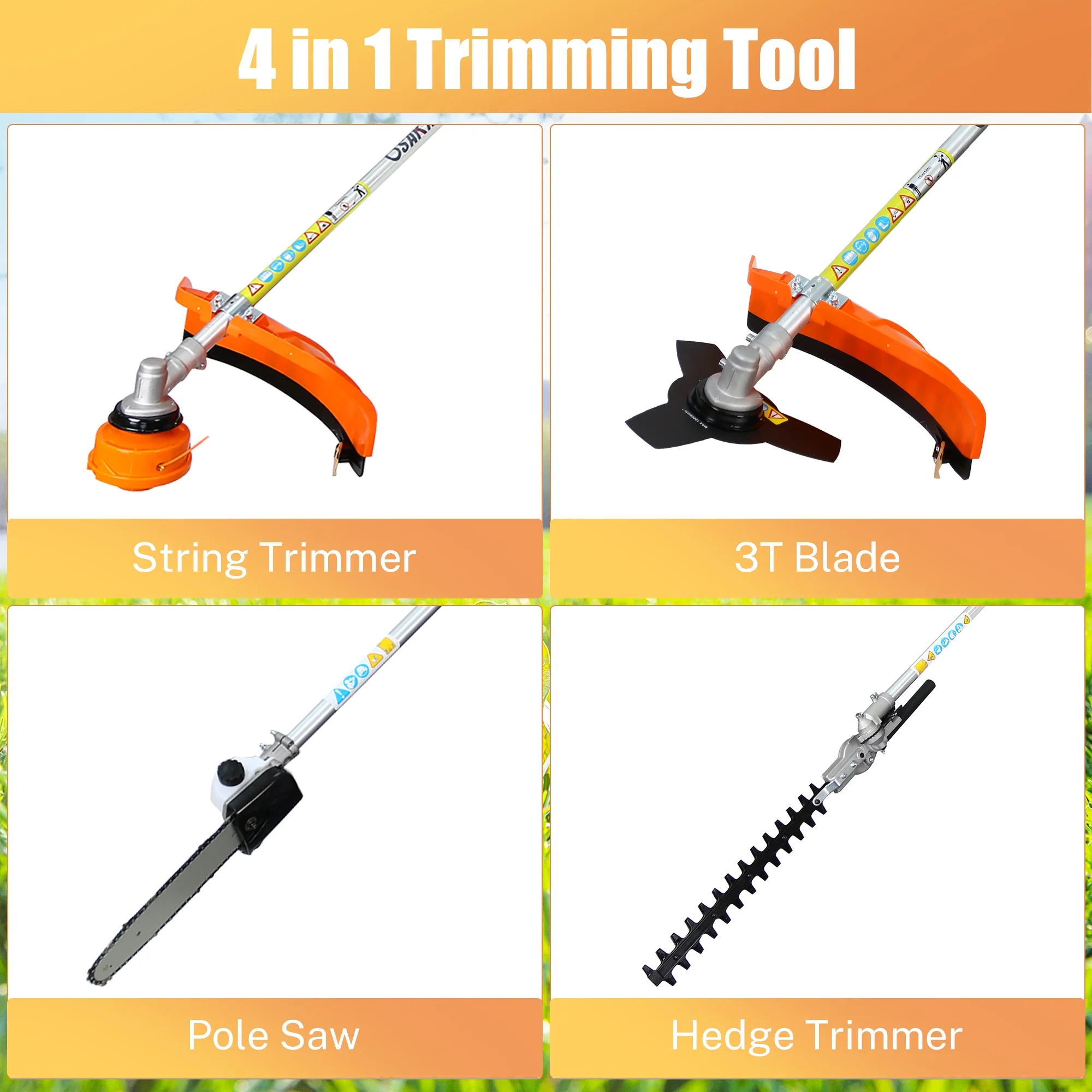 Backpack 52CC 2-Cycle Grass Trimmer, Sesslife 4 In 1 Gas Powered Lawn Mower Full Crankshaft Grass Edger with Gas Pole Saw, Hedge Trimmer, Grass Trimmer, Brush Cutter Attachment, Orange