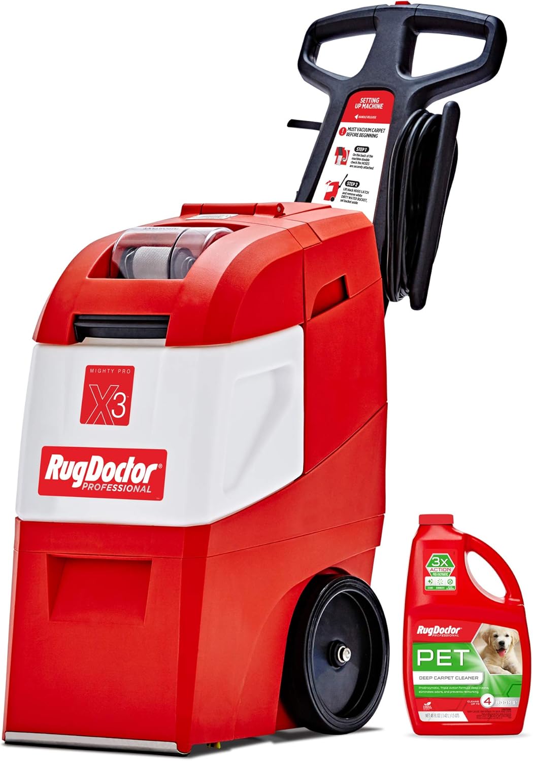 Rug Doctor Mighty Pro X3 Commercial Carpet Cleaner – Large Red Pet Pack & Triple-Action Oxy Carpet Cleaner & Universal Attachment for X3 Commercial Cleaner, 12-ft Hose, 12', Grey