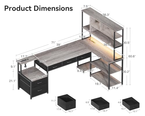 AODK 71 inch L Shaped Desk with File Drawers, Reversible L Shaped Gaming Desk with Power Outlets & LED Lights, Computer Desk with Storage Shelves for Home Office, Black