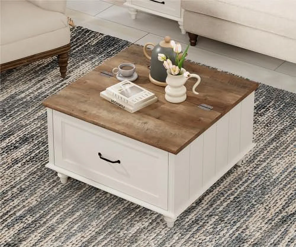 RUNFAYBIU Farmhouse Coffee Table with   Square Coffee Table with Lift Top &amp; Drawer  Wood Center Table for Living Room  Home  Office  White