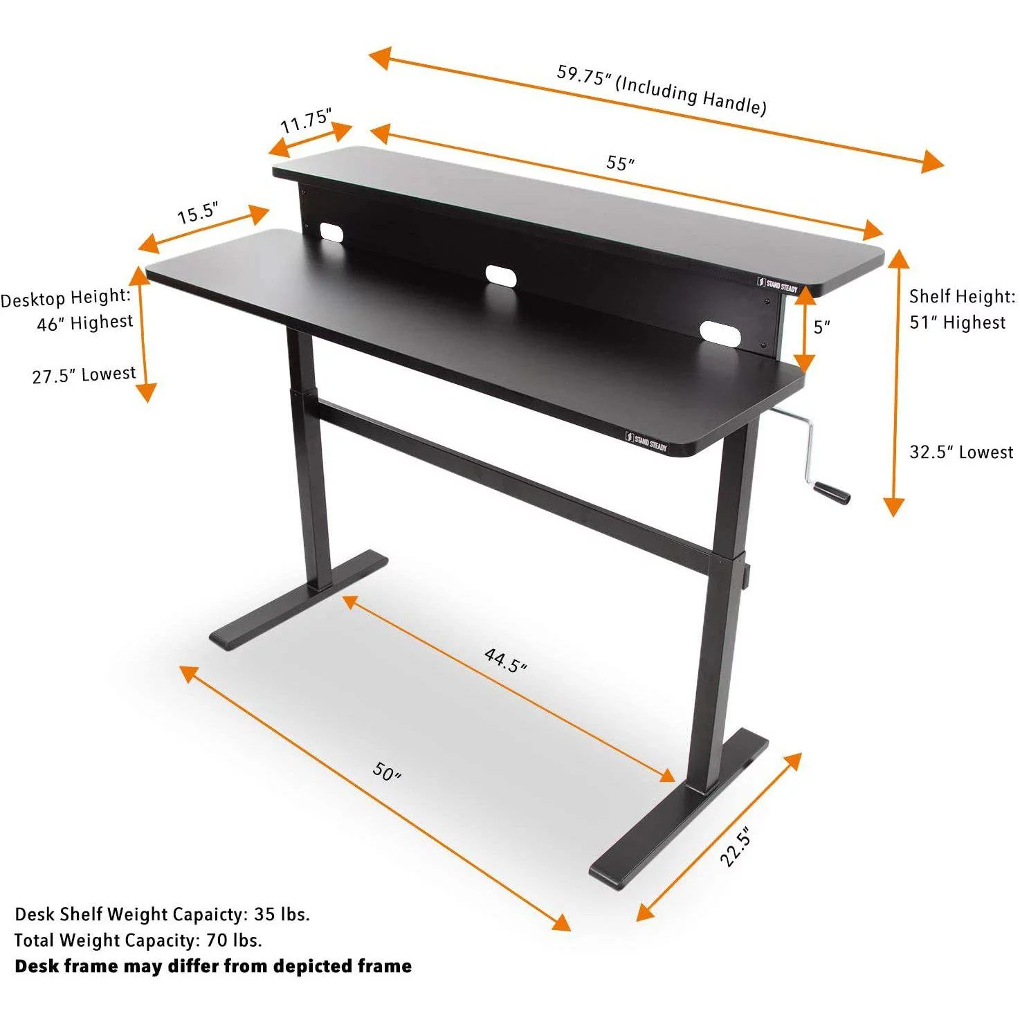 Stand Steady Tranzendesk | 55 Inch Dual Level Standing Desk with Shelf | Easy Crank Height Adjustable Sit to Stand Desk | Stand Up Workstation with Monitor Riser for Home & Office (55in / Black)