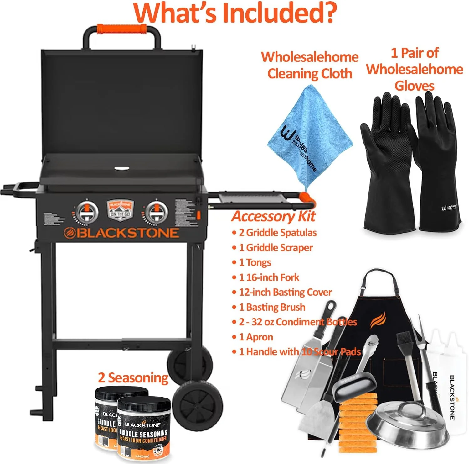 22 inch Blackstone Griddle with Hood, and Grill Stand, Outdoor Flat Top Grill Propane Portable Gas Grill, BBQ Grill with Blackstone Accessories, Seasoning, and Wholesalehome Gloves & Cloth Included