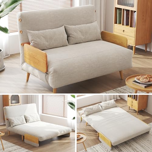 3-in-1 Convertible Chair Bed Sleeper for Adults, Linen Convertable Sleeper Chair with Wooden Arms & Pillows, Foldable Single Futon Sofa Bed (Mid Century with Walnut Arm, 36.6" Wide)