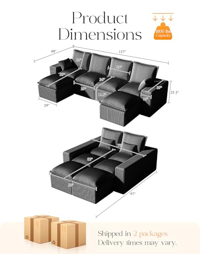 107" Comfy Cloud Couch with L-Shape Chaise & Deep Seat, Modular Sectional Sofa in a Box, Boneless Upholstered Couches for Living Room, No Assembly Required (Soft Corduroy, Black)