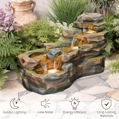 37" L Garden Outdoor Water Fountain, Floor Standing 5-Tiers Rock Natural Waterfall Outdoor Fountains with LED Lights for Patio, Porch, Home Art Decor