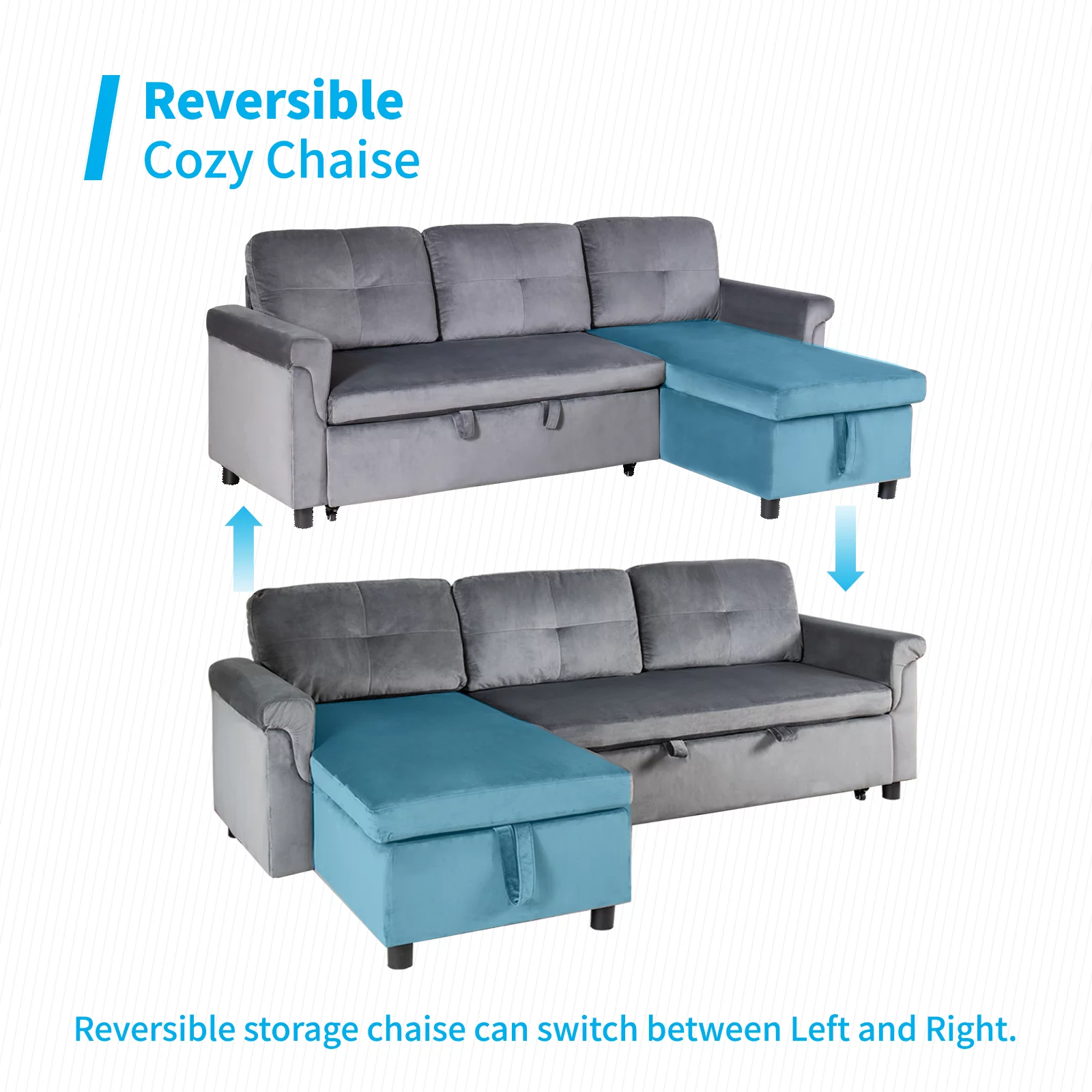 Mjkone Reversible Sectional Sofa Couch with Storage Chaise, Modern Dutch Velvet L-Shaped Sleeper Sofa 3-Seat Couches Sectional with Reversible Chaise (Light Gray)