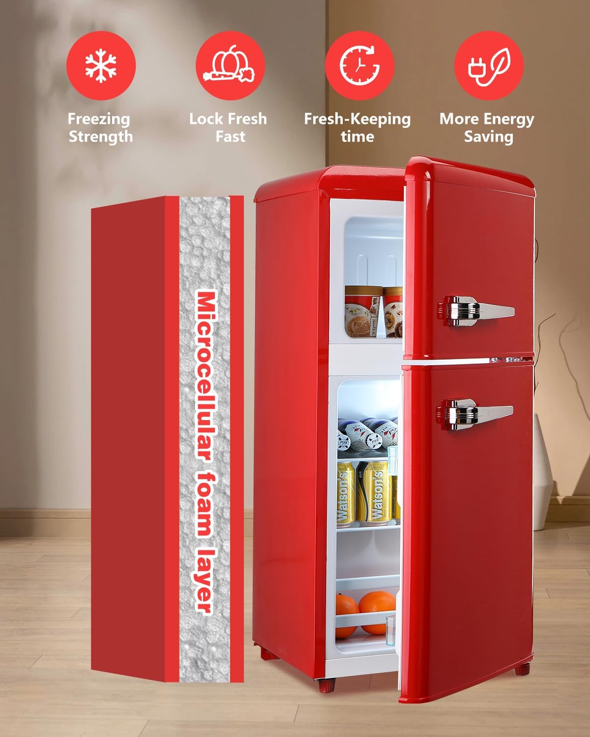 3.5 Cu.Ft Compact Refrigerator, Retro Fridge with Dual Door, Small Refrigerator with freezer,7 Level Adjustable Thermostat for Garage, Dorm,Bedroom, Office, Apartment-Red