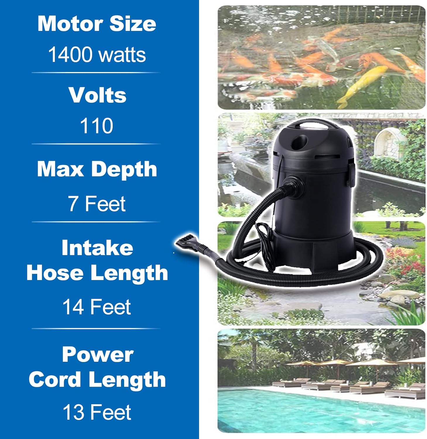 Garden Pond Vacuum Cleaner - Clean Sweep with 14ft Intake Suction Hose, 4 Extension Tubes, 3 Vacuum Nozzles, 6.5 Foot Output Hose & Debris Collection Bag | Pond Vacuum for Outdoor Ponds Black