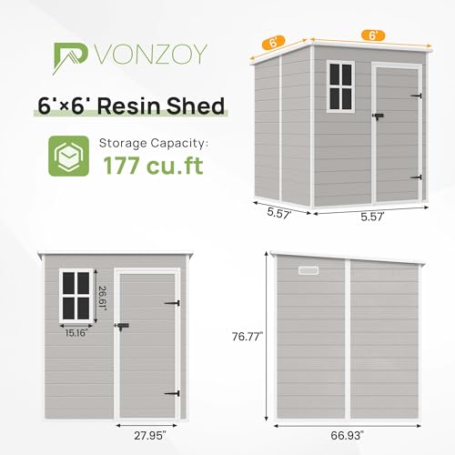 6x6FT Resin Outdoor Storage Shed, Plastic Garden Shed with Floor, Lockable Door & Window, Waterproof Tool Shed for Bike, Garbage Can, Lawn Mower, Patio Furniture Grey White