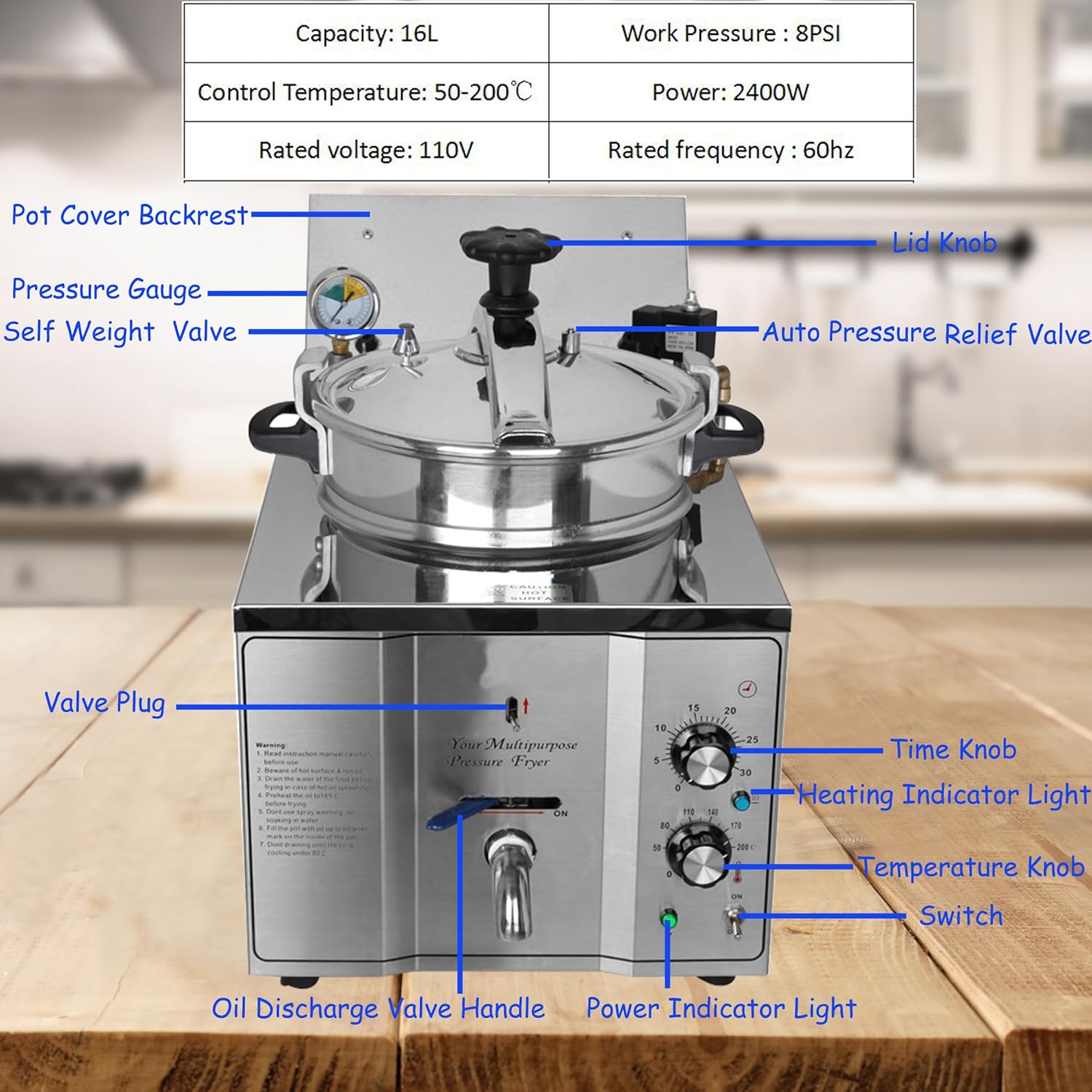 TECHTONGDA 16L Countertop Pressure Fryer, Stainless Steel Commercial Chicken Deep Fryer, 110V 3KW Counter Top Pressure Cooker with Timer and Variable Thermostat, for Restaurant Frying Chicken Fish