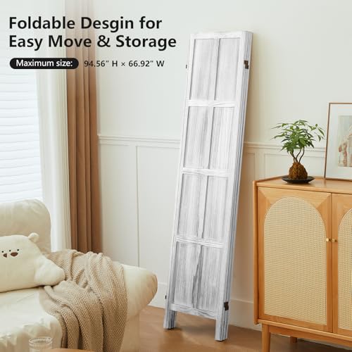 Wood Room Divider 4 Panel, 5.6 FT Tall Room Divider and Folding Privacy Screen, Partition Divider for Room Separation, Wooden Wall Divider Screen for Home Office Bedroom (Retro White)