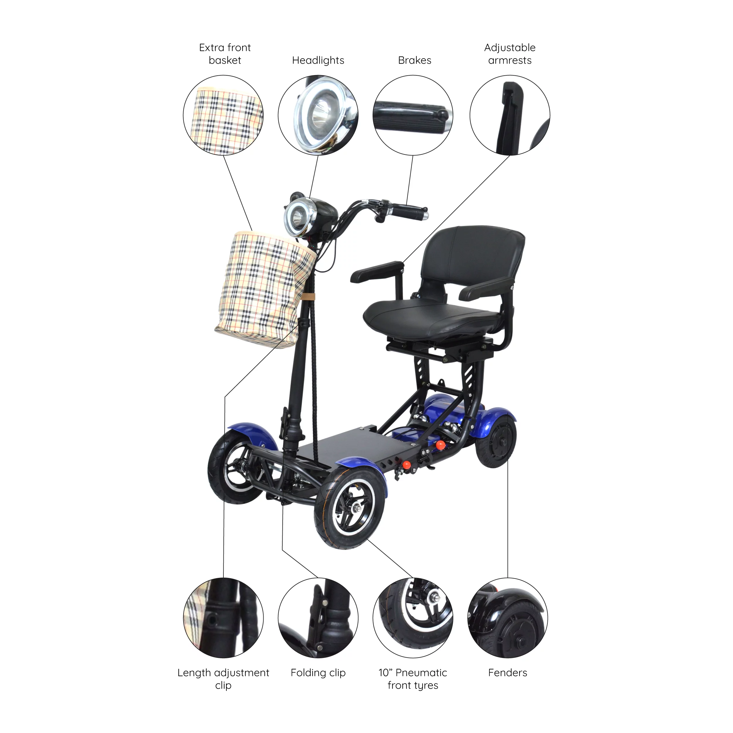 Bangeran Electric Mobility Scooter, 4 Wheel Foldable Portable, Up to 12 Miles - Blue