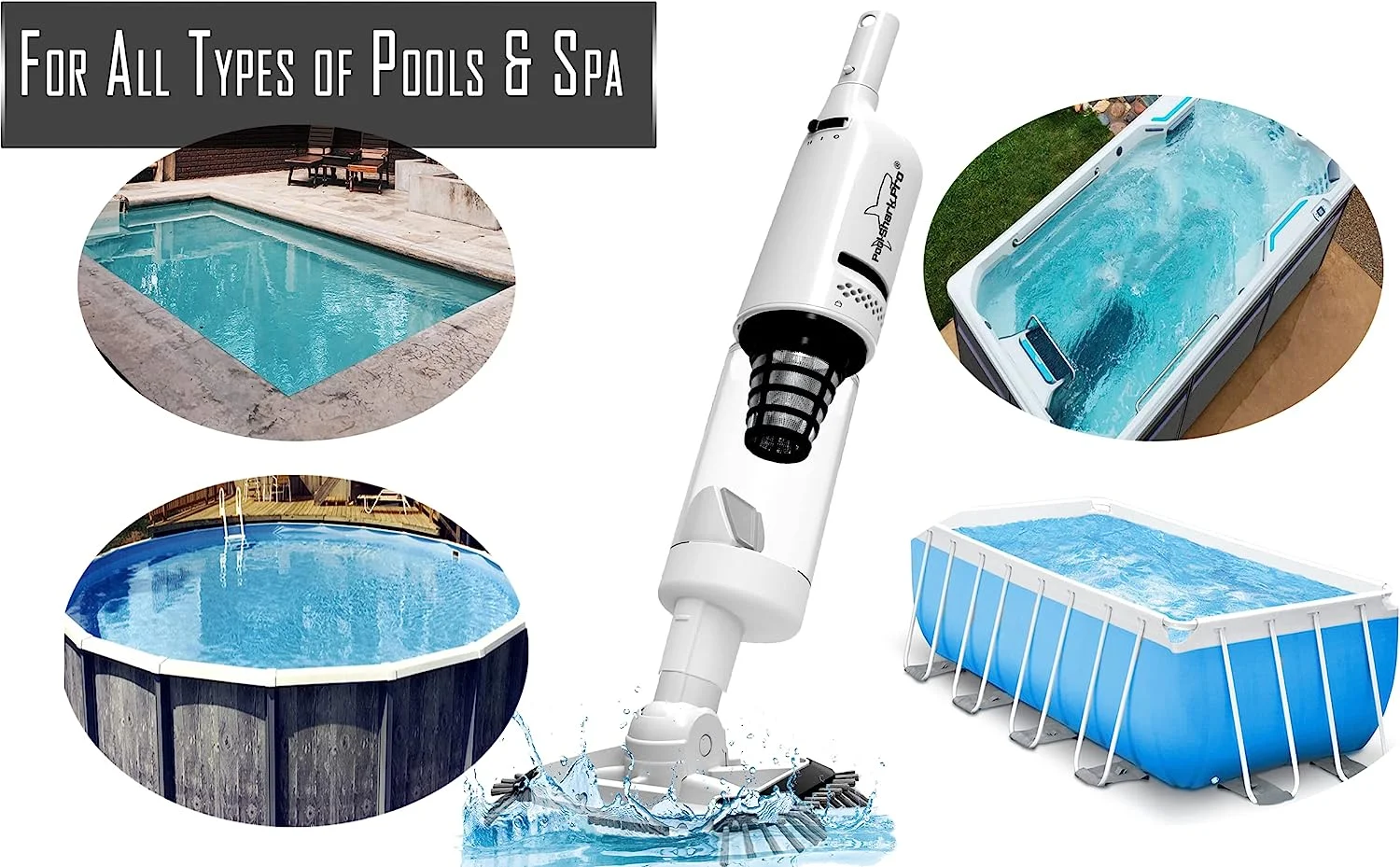 POOL SHARK PRO Cordless Pool Vacuum 90 Mins of Strong Suction for Deep pool Cleaning, Handheld Rechargeable Swimming Pool Cleaner with Roller and Heavy Duty Brushes for Inground and Above Ground Pools