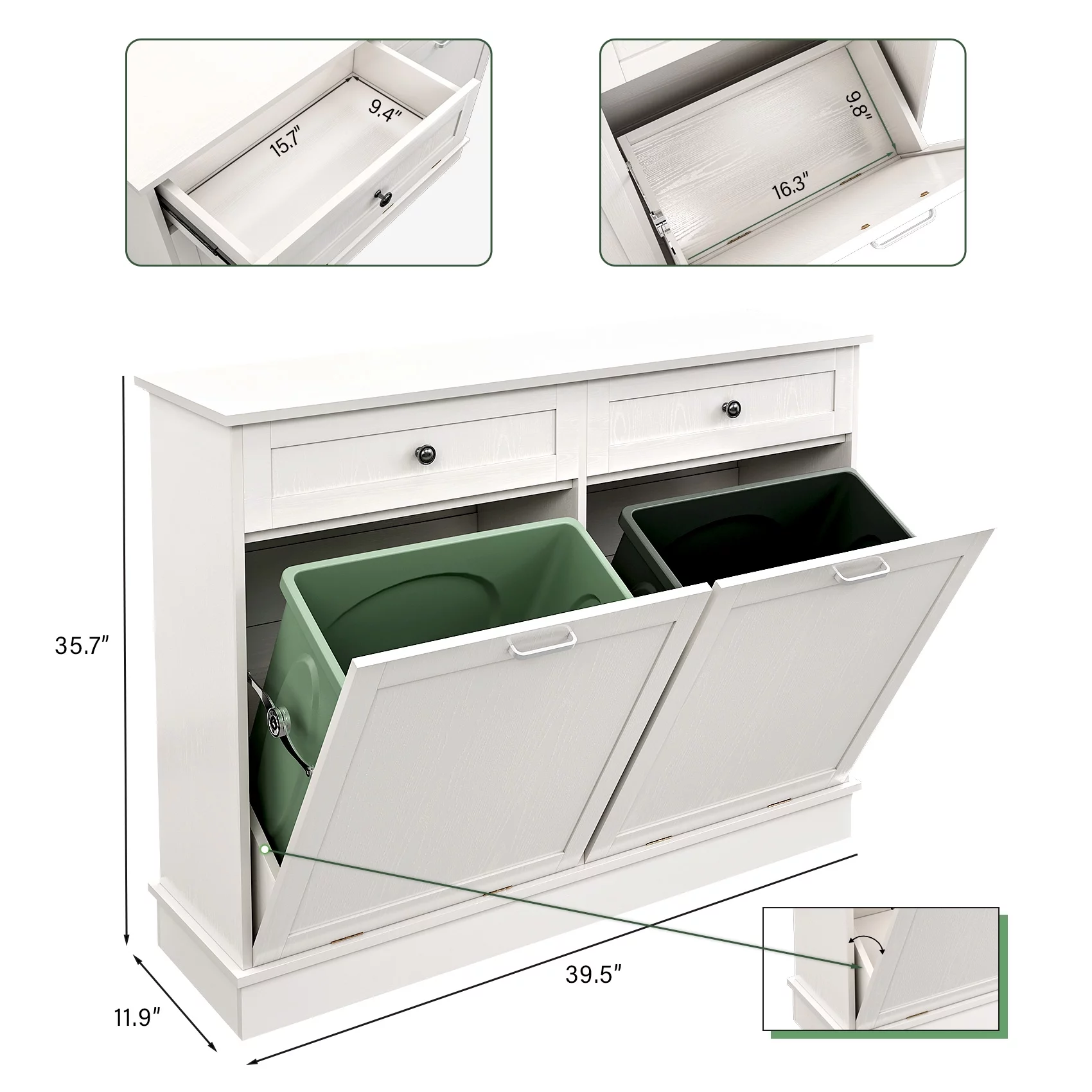 TC-HOMENY Dual Tilt Out Trash Cabinet, Trash Can with Countertop and Drawer, Free Standing Trash Can Cabinets with Lid Support Hinge, Recycling Cabinet Free Standing For Kitchen, Laundry Room, White