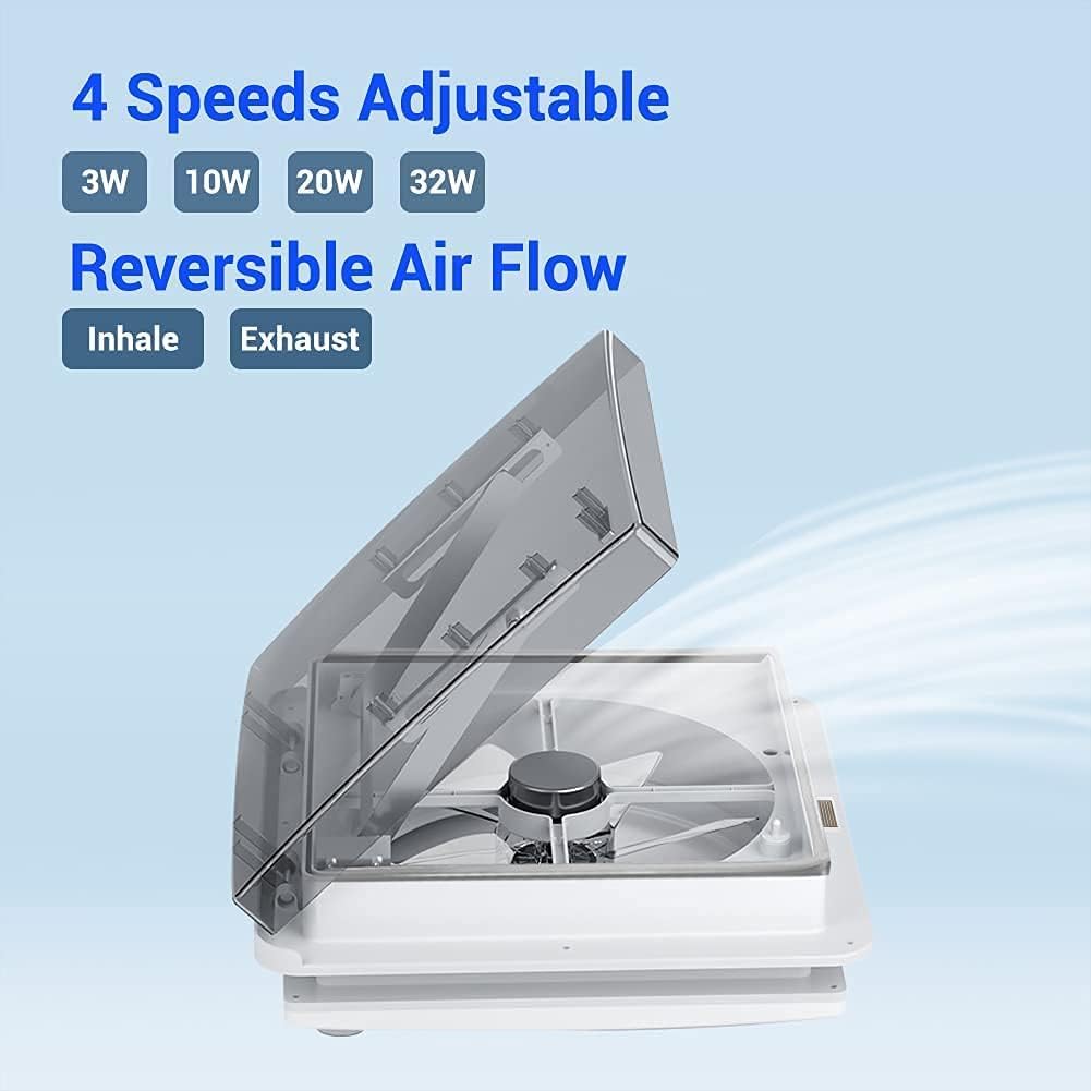 Automatic 12 RV Vent Fan Ultra Less Noise Motor with Remote, Air Max RV Ventilation 12V Speeds Reversible Exhuast RV Roof Vent, Motorhome Camper Van Trailer Bathroom Roof Vent Fan with Translucent Smoke Lid