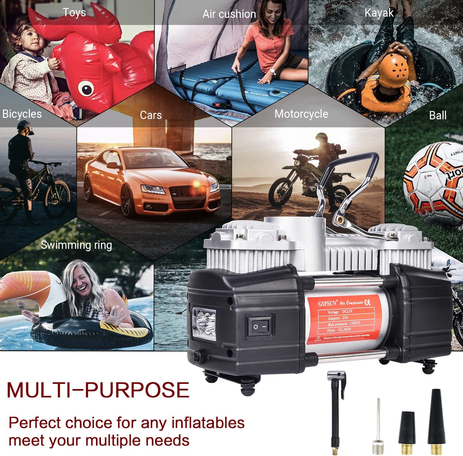 GSPSCN Portable Tire Inflator Double Cylinder Air Compressor Pump with LED Light, 12V Air Pump for Car Tires, 150 PSI Heavy-Duty Metal Tire Pump with Locking Air Chuck for Auto,SUV,RV,Truck,Balls Pack of 2