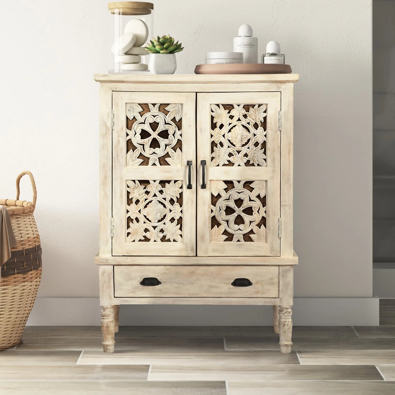 Farmhouse Style Lattice Carved 32" Wide Cabinet | Distressed White Solid Wood Chest | 2 Doors Drawers Entryway Table | Boho Storage Cabinet - Curated Treasures Market