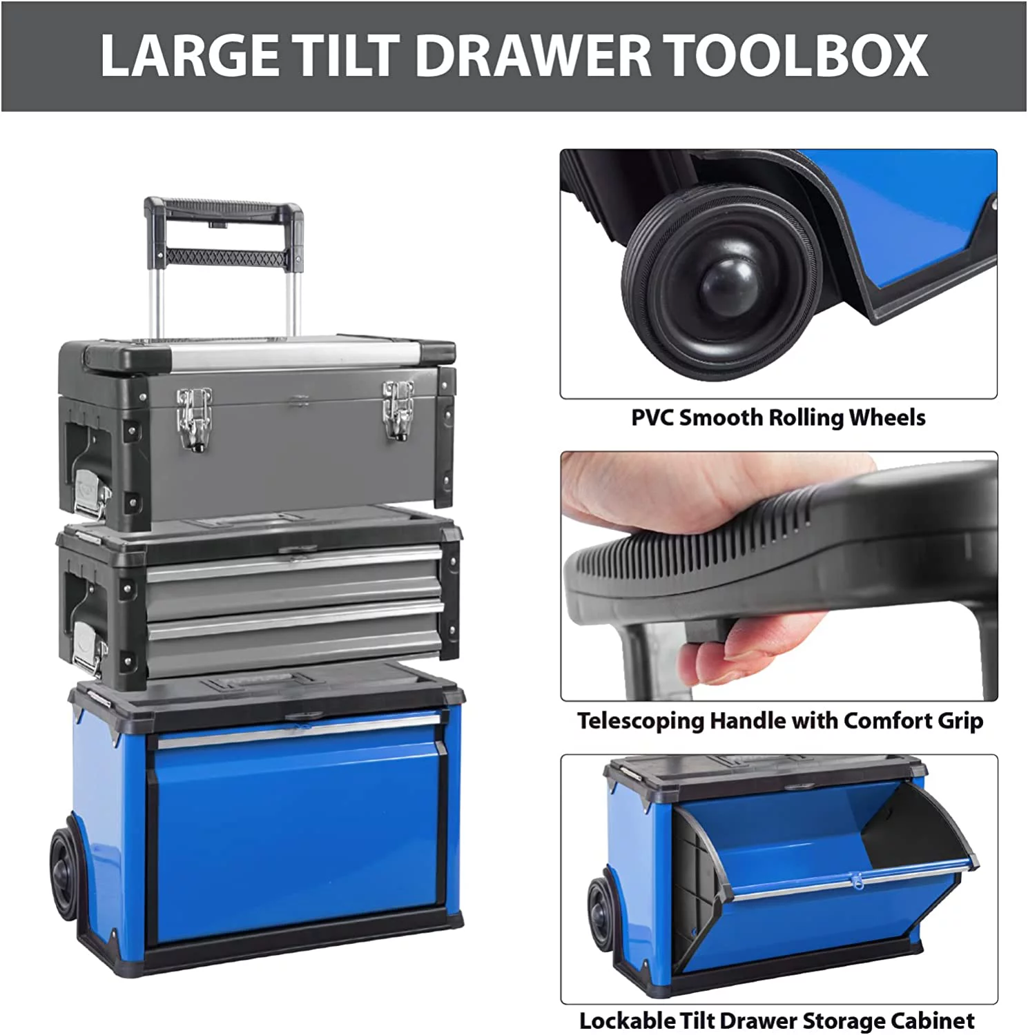 Big Red Rolling Tool Chest with Wheels Stackable Tool Storage Cabinet with 3 Drawers for Garage Workshop