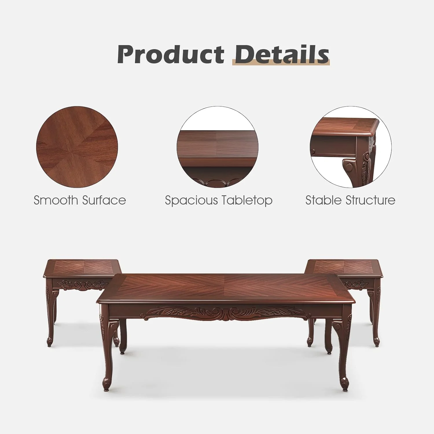 Modern 3 Piece Coffee Table Set, Wood Farmhouse Living Room Table Set Of 3, Includes 1 Rectangular Coffee Table & 2 Square End Tables With Carving Pattern, Espresso