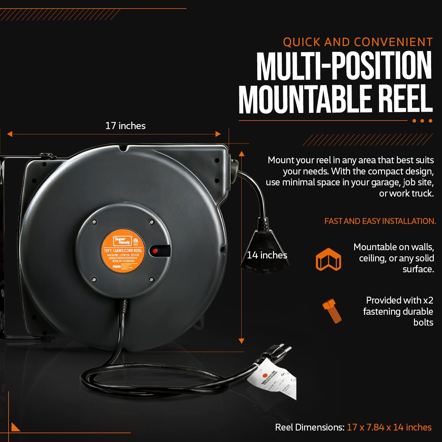 SuperHandy Extension Cord Reel Retractable 12AWG x 75' Feet Commercial Premium Flexible 3C/SJTOW Cable with Triple Tap Connector