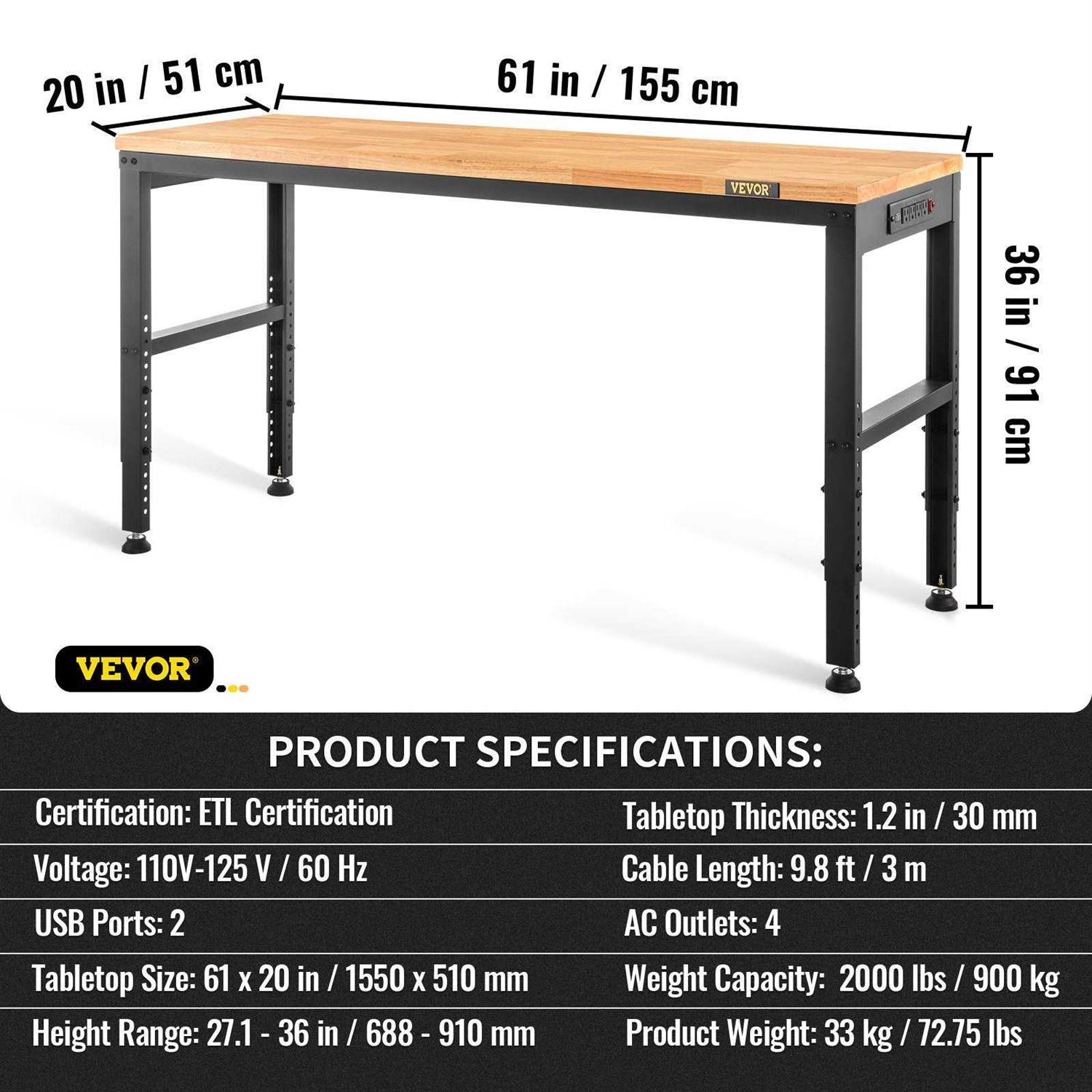 VEVOR Workbench Adjustable Height 20 Garage Table w - Shop Hardware Tools Online Store