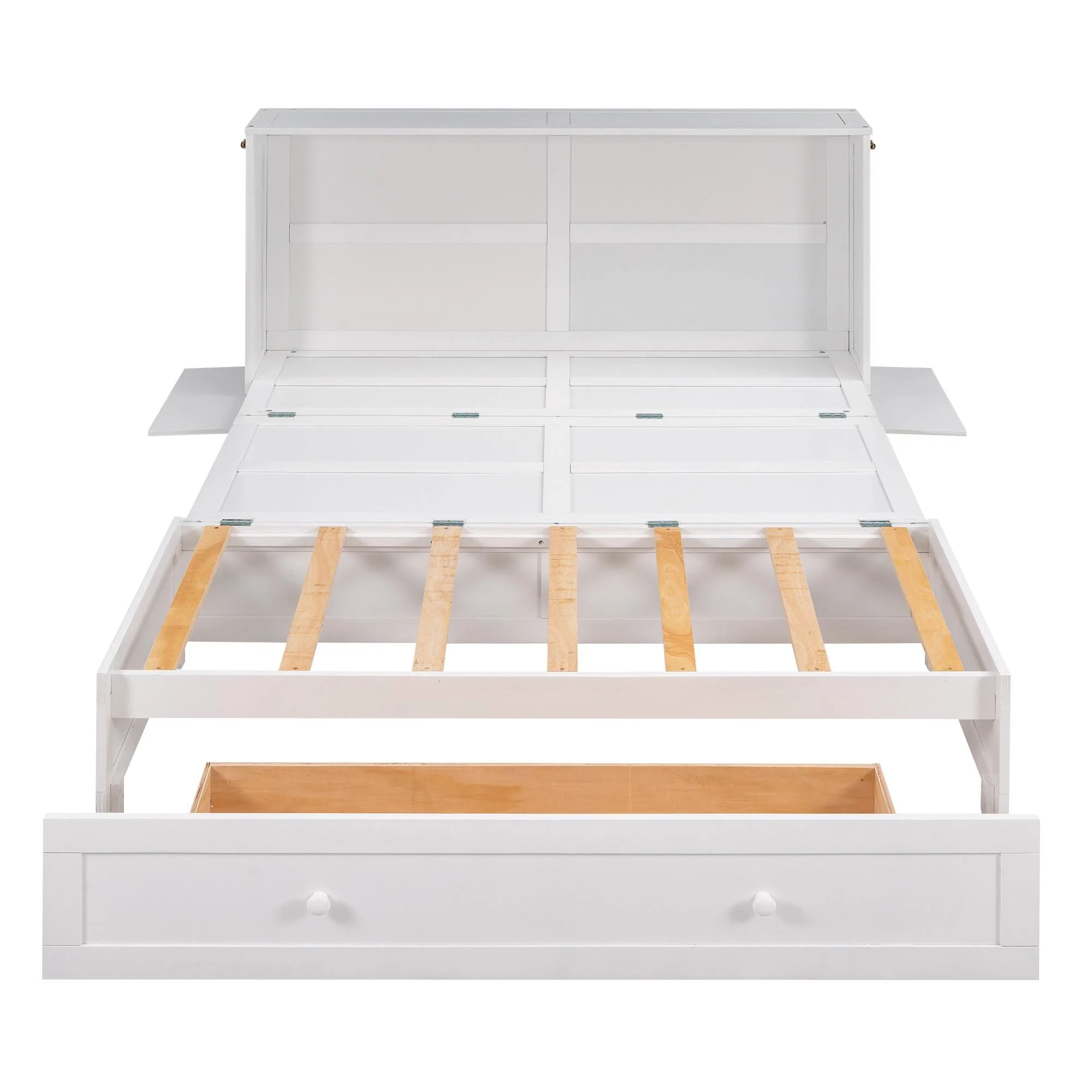 Bellemave Murphy Cube Cabinet Bed with Storage Drawer, Wood Queen Size Murphy Bed Cabinet with Side Little Shelves, Easy Fold Bed Frame for Guest Room, Home, Office (White)