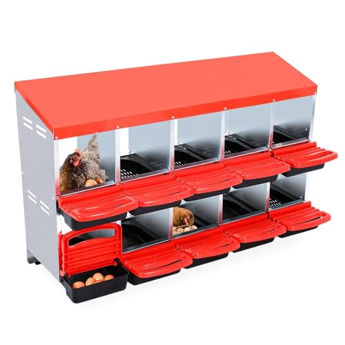Chicken Nesting Box, 10 Hole 2 Layer Hen Nest Box with Legs, Roll Away Eggs Laying Boxes,Cleanable Pull Out Hen Roosting Boxes