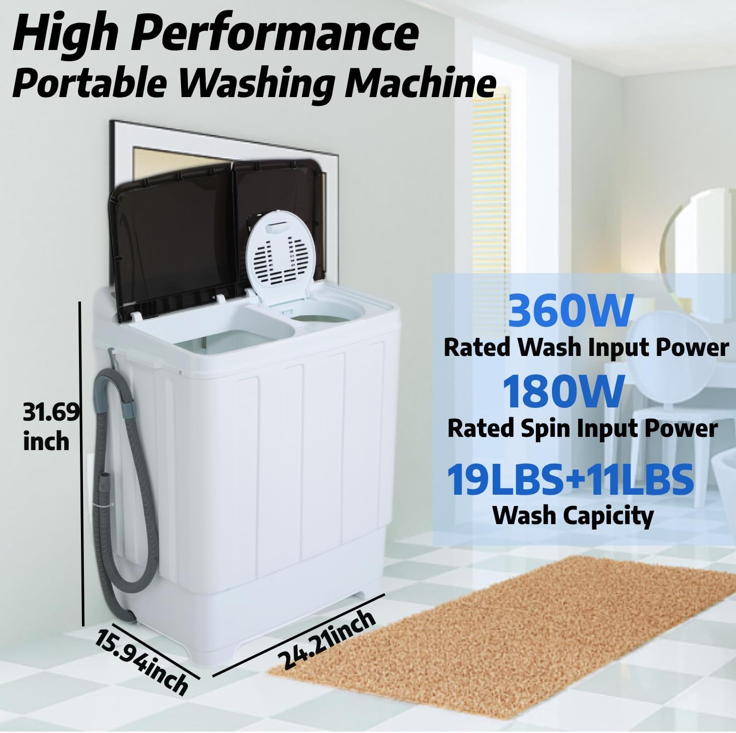 Nictemaw Portable 30Lbs Twin Tub Washing Machine Washer and Dryer Combo, 2 In 1 Compact Laundry Washer (19Lbs) and Spinner (11Lbs) with Built-in Drain Pump for Apartment Dorms RV, Black+White