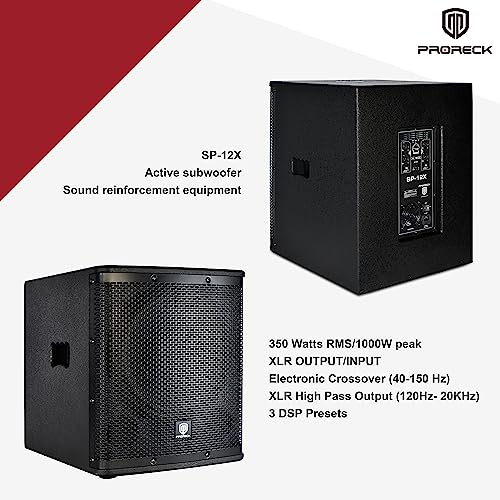 PRORECK SP-12X Active Powered PA DJ Subwoofer Cabinet 12 inch 1000W P.M.P.O with Class-D Amplifier, 3 DSP Presets-Monitor, Bass Reinforcement, Black, for Wedding, Party, Concert, Church (One Sub)