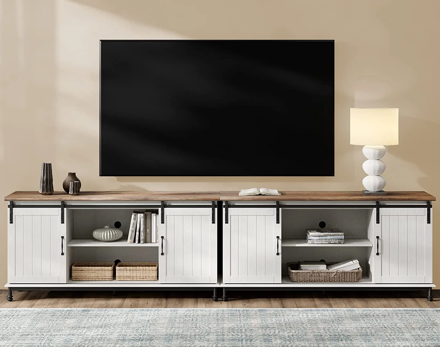 WAMPAT Farmhouse TV Stand for Up to 110 Inch TV, Sliding Barn Door Wood Entertainment Center with Media Console Storage Cabinet & Adjustable Shelves for Living Room, 116'', White