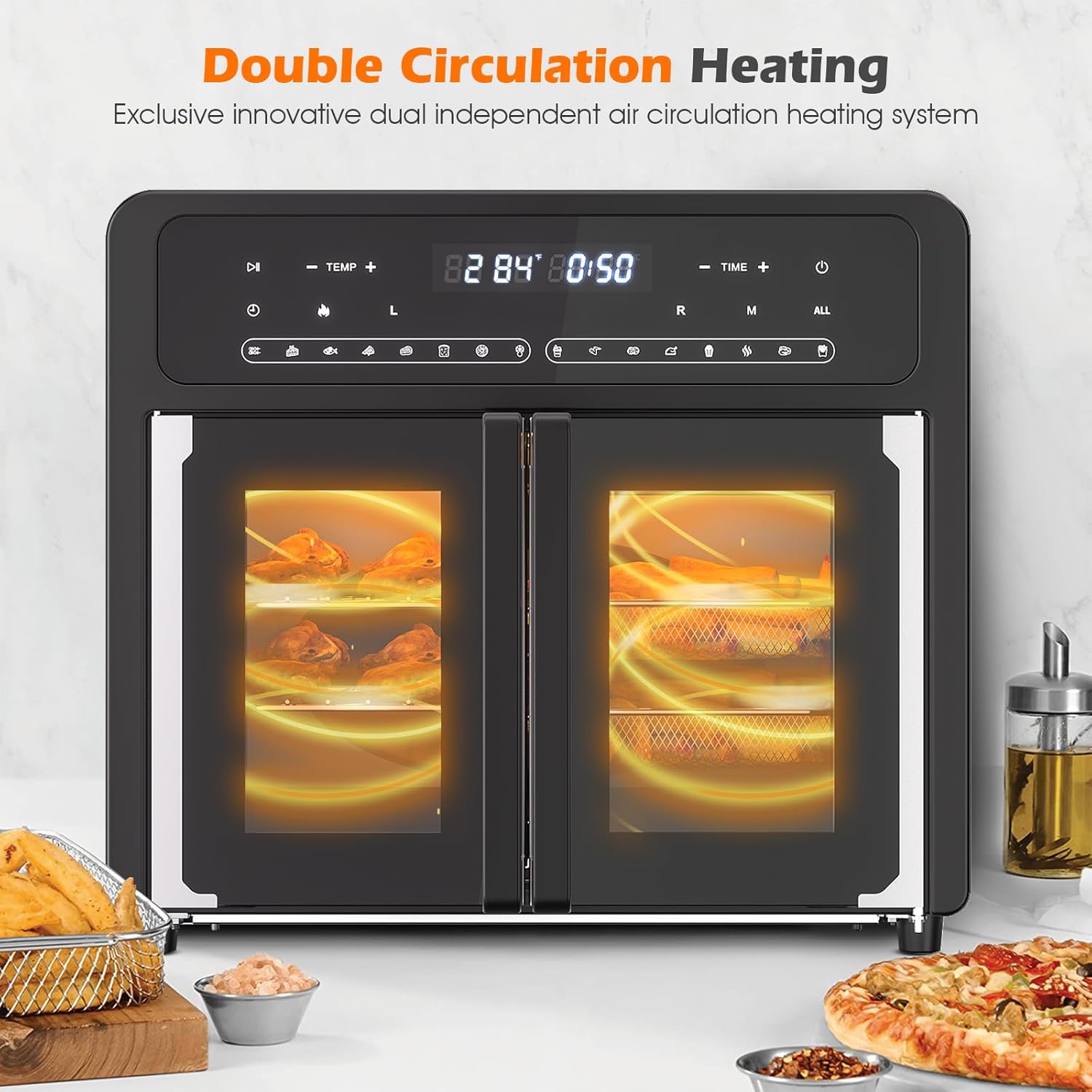 Toaster Oven Countertop, 360 Convection Oven with French Door, Digital Fryer Ovens, 16-In-1 Cooking Preset, Dual-Zone, 26L Large Size, Black