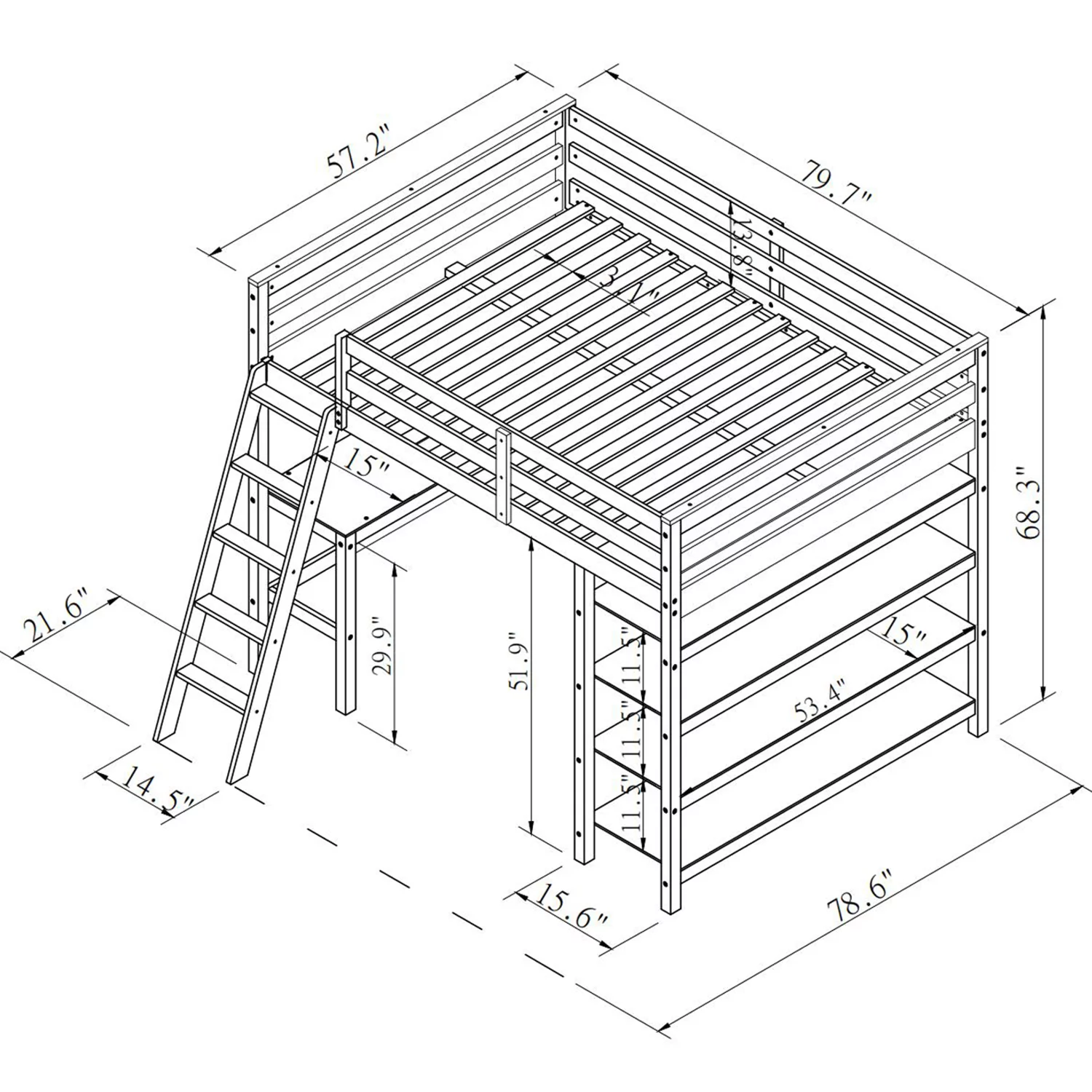 Wooden Full Loft Bed with Desk, Full Size Bunk Bed with 4 Tier Storage Shelves, Workstation Desk, Safety Rail, Wider Ladder for Kids Teens Adults, Space Saving Design, No Spring Box needed, Espresso