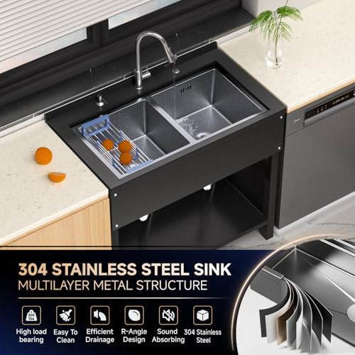 Stainless Steel Utility Sink,24" FreeStanding Laundry&Utility Room Sinks with Cold and Hot Water Faucet,Hoses and Drain Kit Commercial Single Bowl,Laundry Sink for Kitchens, Garage (24x18x36 Black)