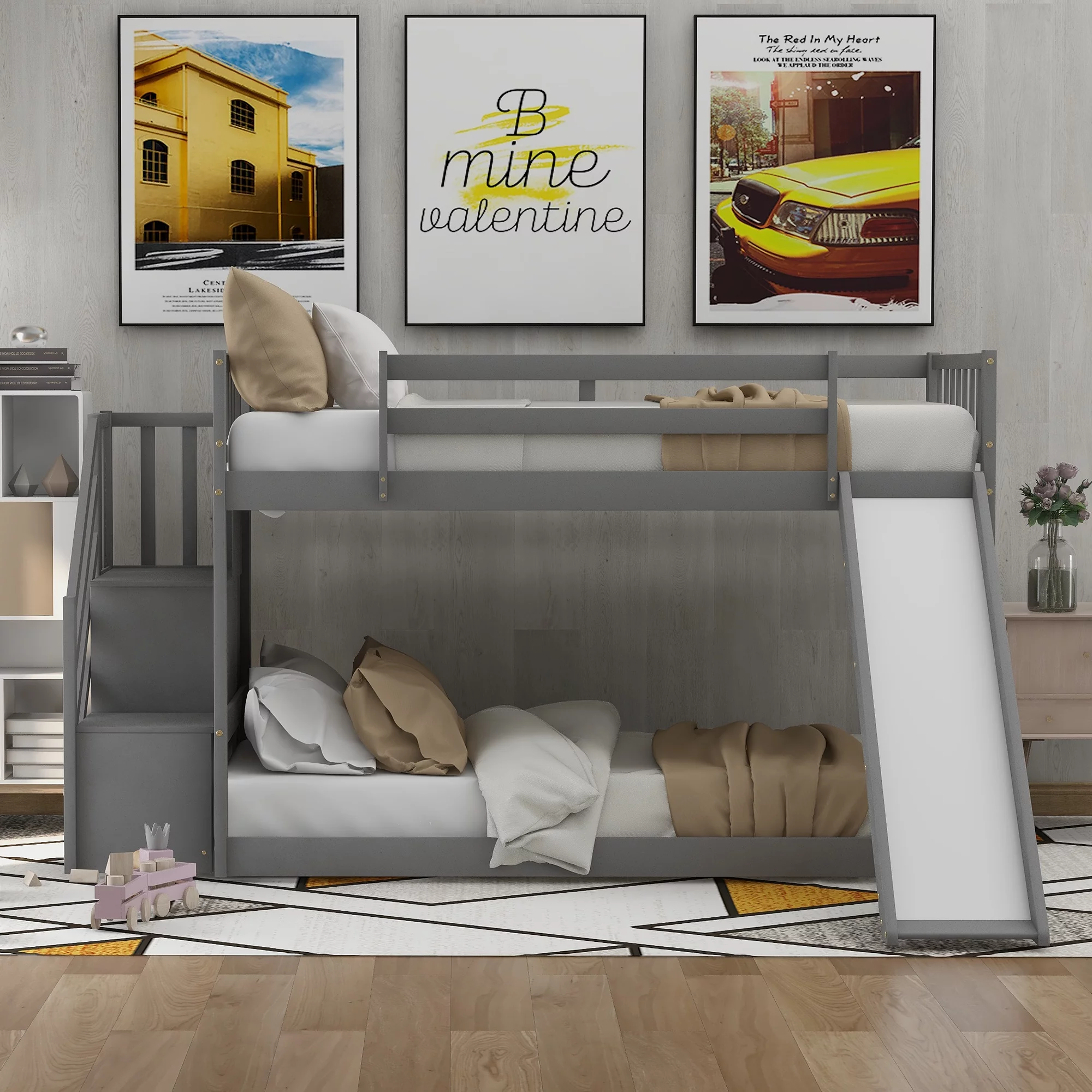 EUROCO Wood Twin over Twin Bunk Bed with Slide and Staircase, Low Profile Bunk Bed with Storage, Gray