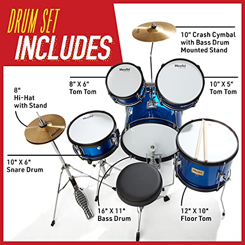 Mendini by Cecilio Drum Set, 5 Piece 16 Inch Junior Drums Kit with Bass, Toms, Snare Drum, Cymbal, Hi-Hat, Drumsticks & Seat for Beginner Student (Metallic Black)