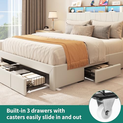 YITAHOME Queen Size Bed Frame, Storage Bed Frame with 4 Drawers & LED Light, Platform Bed with Storage Upholstered Headboard and Charging Station, No Box Spring Needed, Easy Assembly, Beige