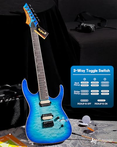 Leo Jaymz Electric Guitar Monsoon Series,Reverse Headstock,Mahogany Body,Roasted Maple Neck,Rosewood Fretboard,Locking Tuners,Rounded End Frets,AlnicoV Pickups,Fixed Bridge (Blue Flame)