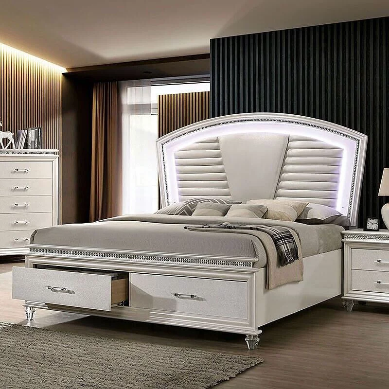 Antique Contemporary Pearl White 4pc Bedroom Queen Size Bed Set Dresser Mirror Nightstand Bedroom Furniture Padded HB LED