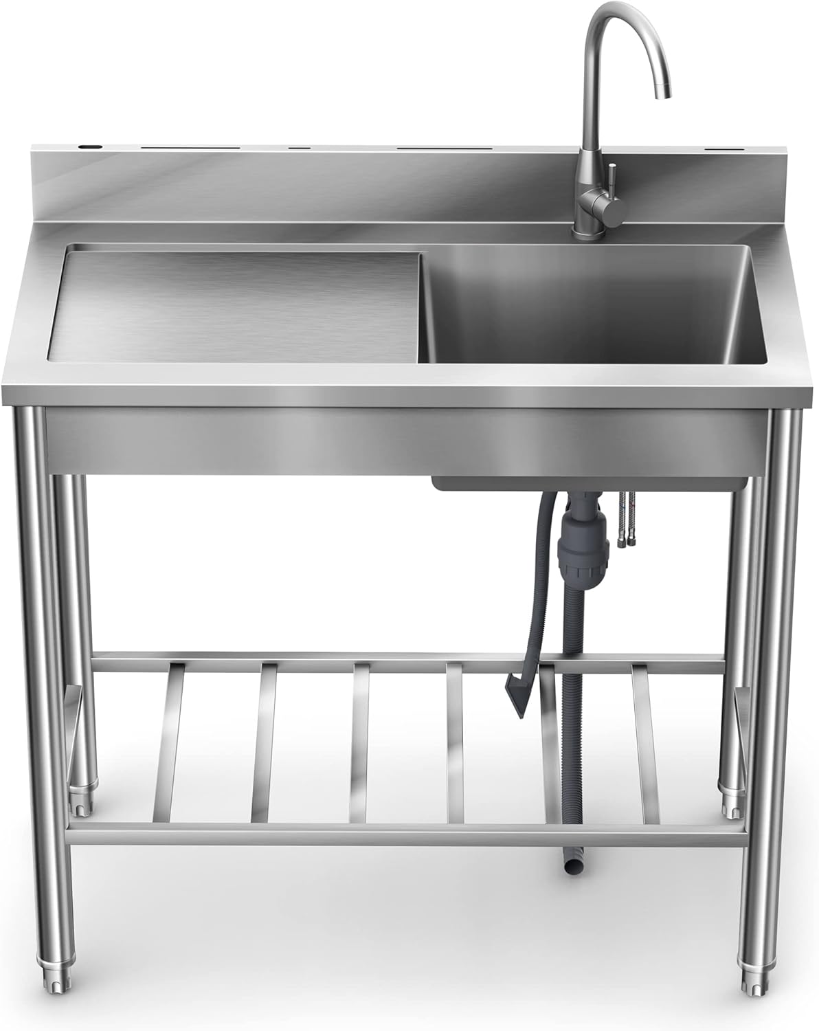 Stainless Steel Sink, Outdoor Utility Sink Free Standing Single Bowl Kitchen Sink with Cold and Hot Water Pipe for Laundry Room Bathroom Farmhouse (39 Inch)