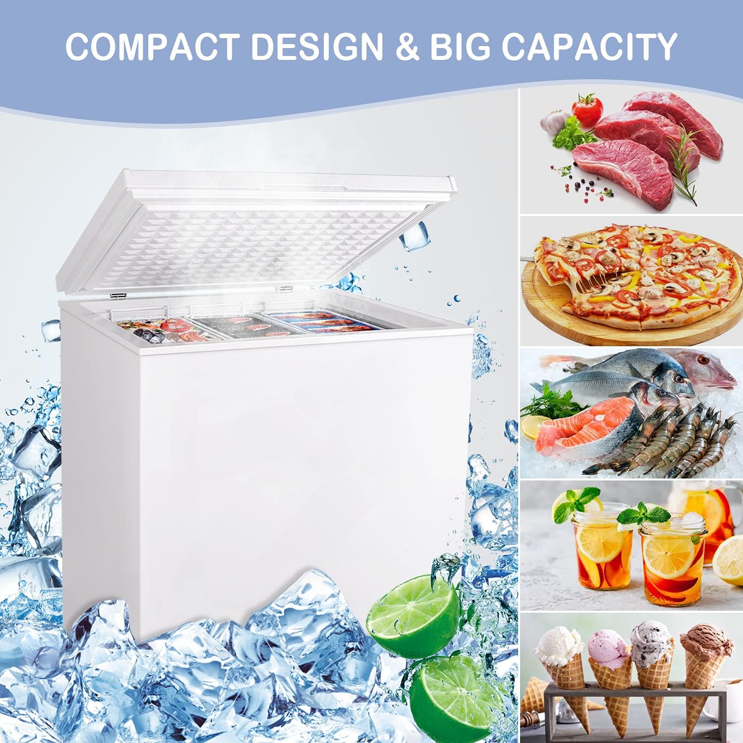 5.0 Cu.ft Chest Freezer Small Deep Freezer Mini Outdoor Chest Freezers Upright with 3 Removable Baskets 7 Temperature Settings White