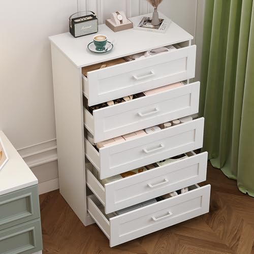 White Wood Dresser for Bedroom with 5 Drawers, Tall Storage Chest of Drawers, Modern Solid Wood Dresser Cabinet for Closet, Nursery, Entryway, Girls Room, Kids Room, Hallway, Living Room