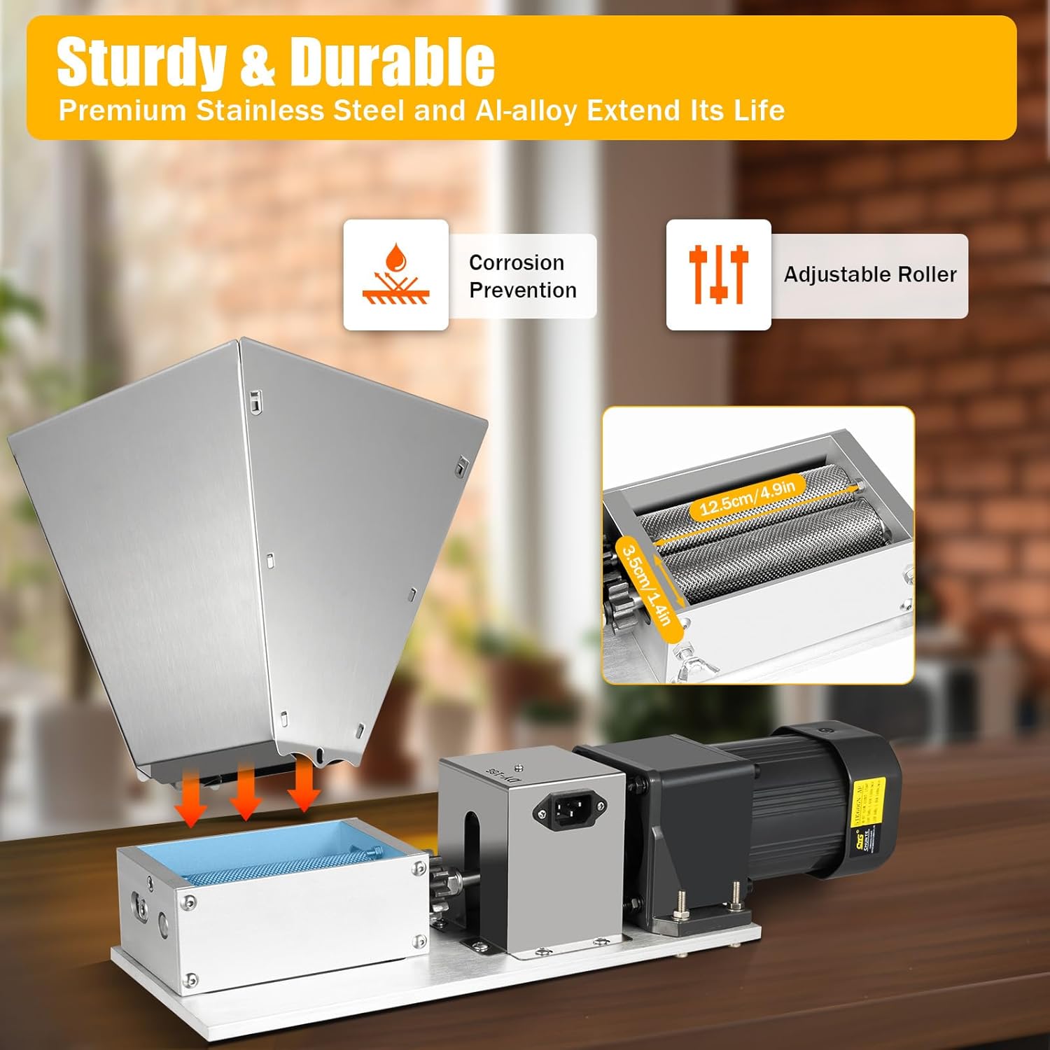 Grain Mill Grinder 60W Electric Barley Grinder Malt Crusher Machine Food Grade Stainless Steel Home Brew Grain Corn Wheat Mill Milling Grinding Machine 2 Rollers with 11lbs 4pcs Hoppers 110V US Plug