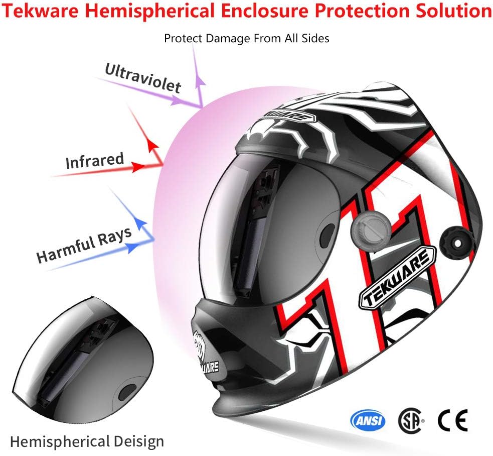 TEKWARE Large Viewing True Color Solar Powered Auto Darkening Welding Helmet, Hemispherical 4C lense, 4 Arc Sensor Wide Shade Range 4/5-9/9-13 Luminous Welder Mask for Mig Tig Arc Grinding Plasma