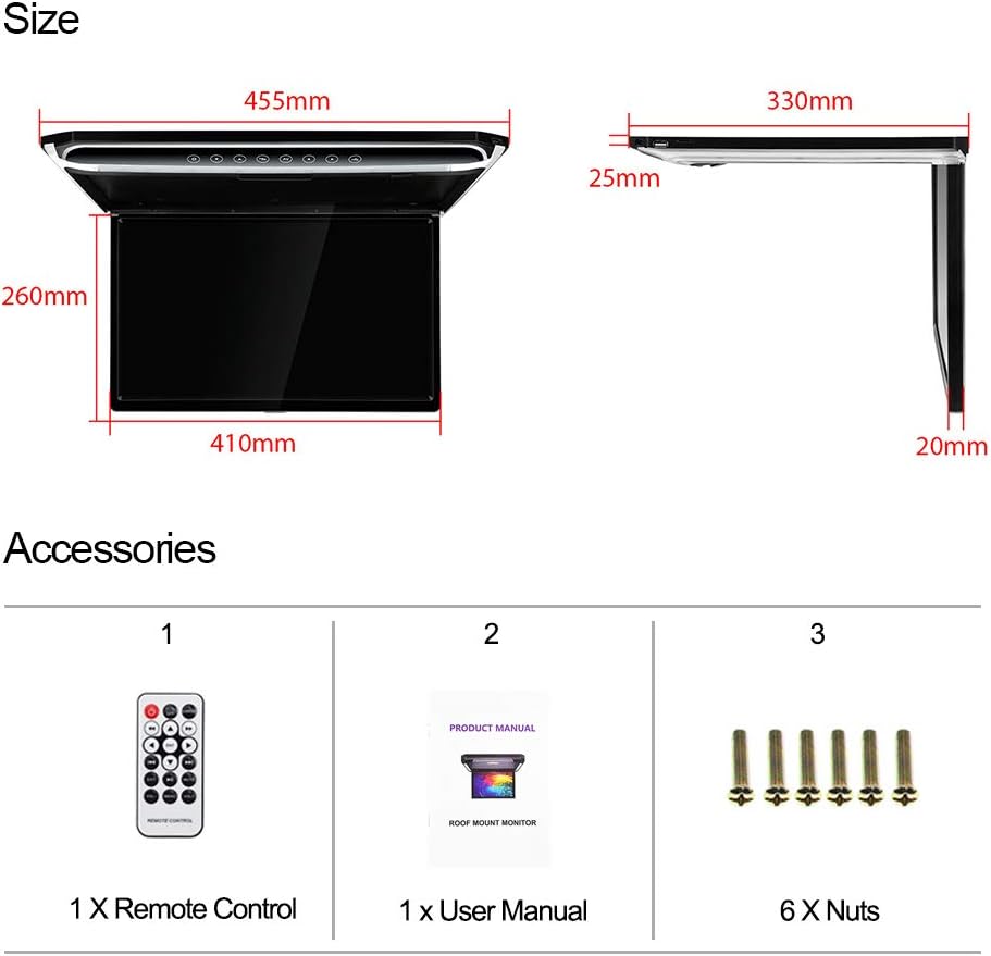 17.3 Car Overhead Flip Down Monitor Screen Dispaly 1080P Video HD Digital TFT Screen Wide Screen Ultra-Thin Mounted Car Roof Player HDMI IR FM USB SD